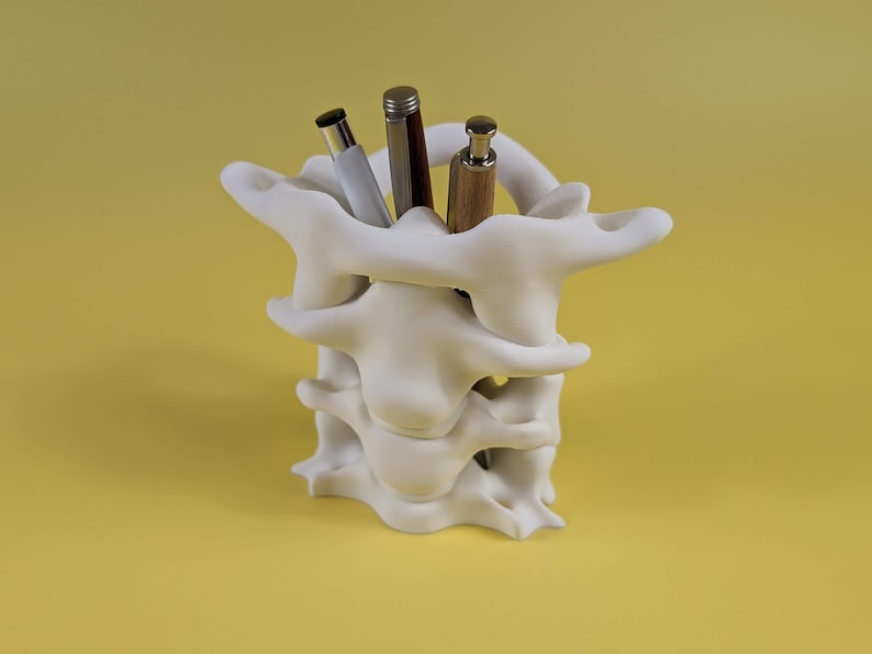 May include: White ceramic pen holder shaped like a human vertebra, with three pens inside.