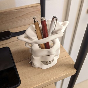 May include: White ceramic desk organizer shaped like a human spine, holding three pens: one brown, one red, and one silver.