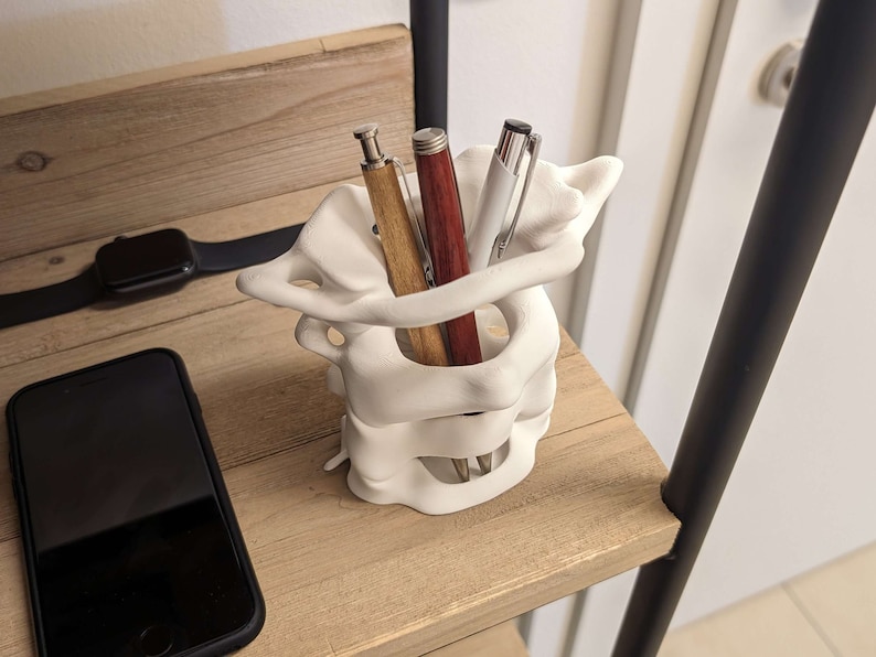 May include: White ceramic desk organizer shaped like a human spine, holding three pens: one brown, one red, and one silver.