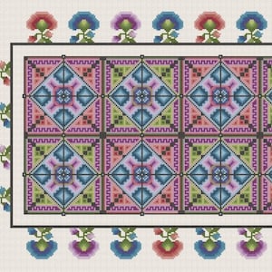 May include: A colorful geometric pattern with a repeating design of squares and diamonds in shades of blue, pink, green, and purple. The pattern is framed by a border of stylized flowers in shades of red, blue, and green.