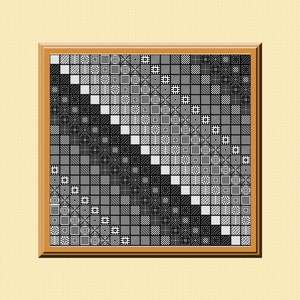 May include: A framed black and white image with a mosaic of different patterns. The image is made up of small squares, each with a unique design.