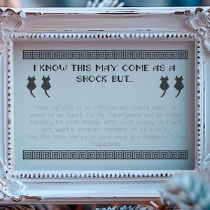 May include: A framed print with a white ornate frame. The print features text that reads "I KNOW THIS MAY COME AS A SHOCK BUT..." with cat silhouettes and a humorous message. The frame has a distressed, vintage look.