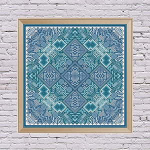 Geometric Cross Stitch Sampler Blue Water Ocean Tones Elements Mosaic PDF Modern Embroidery Folk Art Instant Download