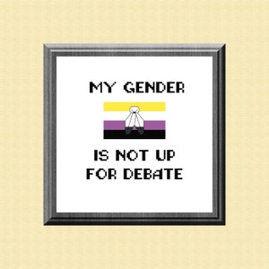 May include: A framed print with the text "MY GENDER IS NOT UP FOR DEBATE" in black text. A purple, white, and yellow genderqueer flag is centered above the text.