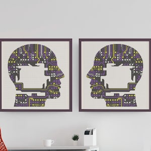 May include: Two framed prints of a human head silhouette with a circuit board pattern inside. The prints are on a white wall.