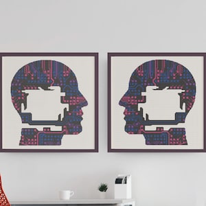 Puede incluir: Dos impresiones enmarcadas de una silueta de cabeza humana con un patrón de placa de circuito en el interior. La placa de circuito está en tonos de rosa, azul y negro.