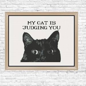 Black Cat Judging Subversive Snarky Modern Cat Cross Stitch Pattern PDF