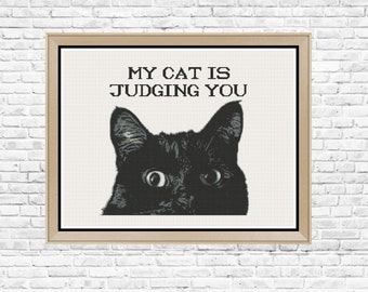 Black Cat Judging Subversive Snarky Modern Cat Cross Stitch Pattern PDF