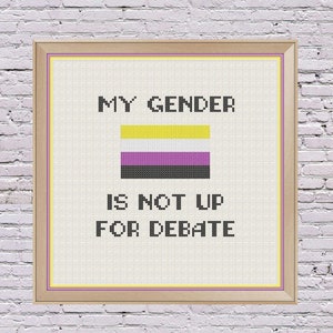 May include: Cross-stitch artwork in a wooden frame. The design features the text "MY GENDER IS NOT UP FOR DEBATE" above a non-binary pride flag. The flag has horizontal stripes of yellow, purple, black, and white. The background is off-white.