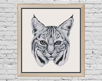 Wildlife Bobcat Greyscale Cross Stitch Pattern Modern PDF Digital Download