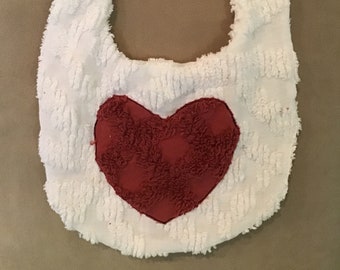 Reversible Vintage Chenille baby BIB with Velcro closure at neck—Dark Red Heart
