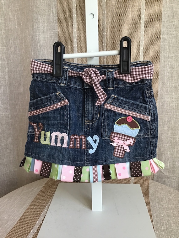 Girls Denim Skirt Embellished With Ice Cream Cone Appliques and Coordinating Multi Ribbon Trim Size 3T Etsy