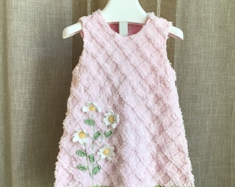 Size 2T vintage chenille pink sleeveless dress with flowers on a bed of “green grass” Chenille