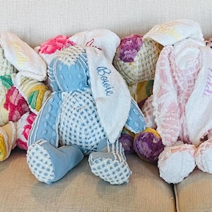 May include: A collection of plush bunny rabbits in various colors, including blue, pink, and white. Each bunny has embroidered details and personalized names. The bunnies are made of soft, textured materials.