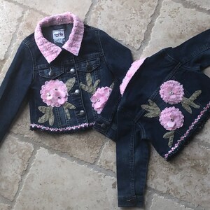 Girls Denim jean Jacket embellished with “Hydrangea Posie” appliqués cut from Vintage Chenille PINK Bedspread fabric—9 months to size 6