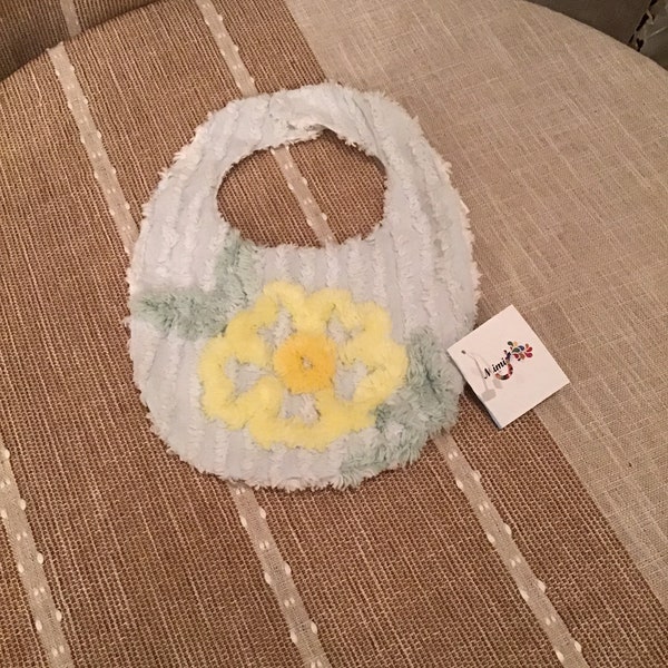 Reversible Vintage Chenille Bedspread baby BIB with Velcro closure at neck—Yellow Flower on Pastel Blue