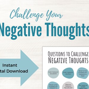 May include: A digital download with the text "Challenge Your Negative Thoughts" in teal. The image includes a list of questions to challenge negative thoughts, such as "Is my thought accurate?" and "Is my thought helpful?"
