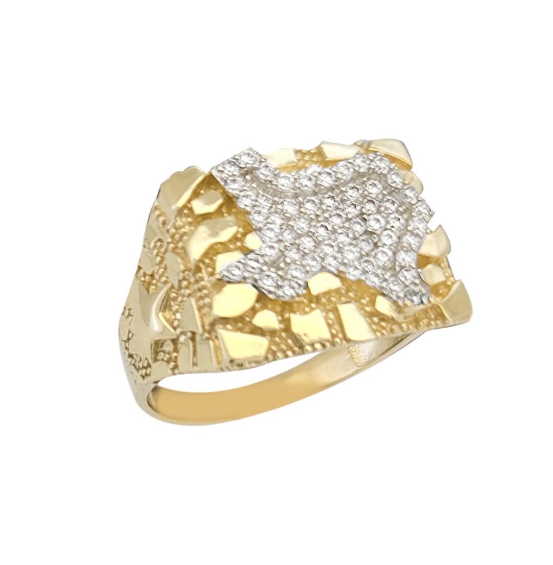10K Yellow Gold Nugget Texas Ring for Men Texas State Gold CZ Ring Etsy