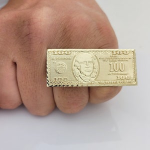 Men's 10K Yellow Gold Hundred Dollar Bill Ring Two Finger Ring Benjamin ...