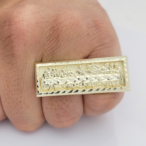 Men s 10K Yellow Solid Gold Last Supper Ring Two Finger Ring