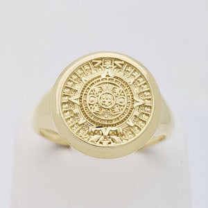 10K Yellow Gold Aztec Mayan Calendar Ring Mens Aztec Calendar Gold Ring 16 mm