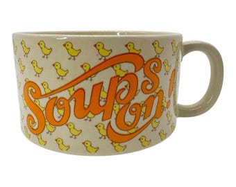 Vintage &quot;Soup&#39;s On&quot; Stoneware Soup Mug Bowl Yellow Ducks Chicks Handle Retro MCM