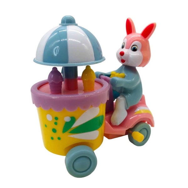 Vintage 4" Easter Bunny Driving Ice Cream Cart Wind-Up Toy Pastel Scooter Bobblehead