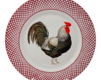 HOLD FOR LORA Vintage Haldon Group Devonshire Rooster 10.5&quot; Dinner Plate Chicken Red Diamond Weave Rim England