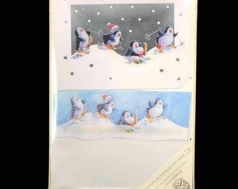 Vintage, nuovi in scatola, 42 cartoline di Natale impreziosite con racchette da neve con pinguini Burgoyne, grandi festività