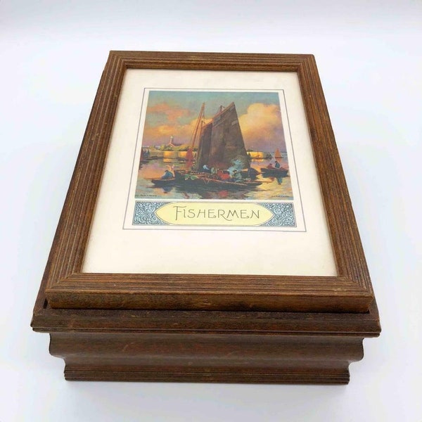 Boîte en bois vintage Pêcheurs sur bateau Encadré Art Couvercle à charnière vertical Miroir intérieur Voilier en bois