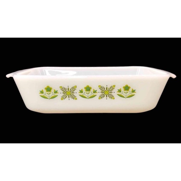 Vintage Anchor Hocking 5" x 9" Meadow Green Pattern Loaf Pan Small Casserole Dish Milk Glass