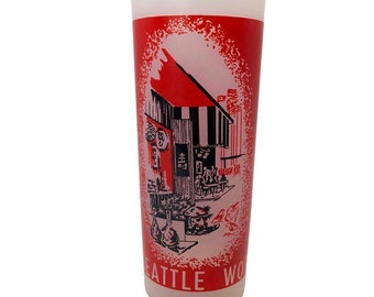 Vintage 1962 Seattle World's Fair "Boulevards of the World" Frosted Tall Red Souvenir Highball Glass