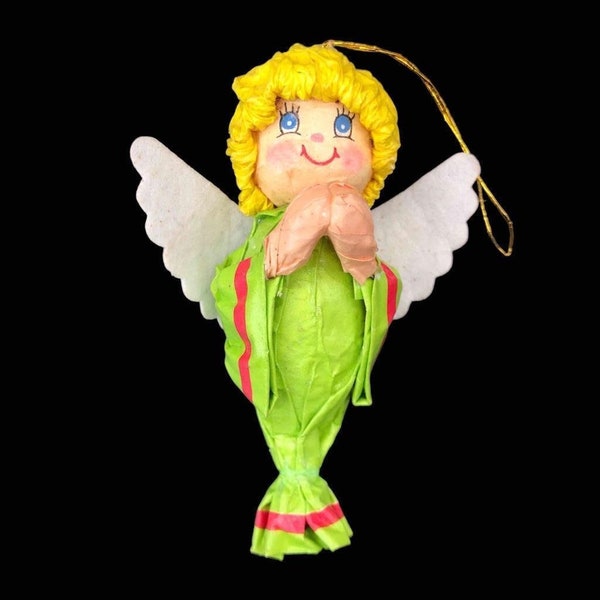 Vintage, Made in Taiwan Paper Mache Green Angel Christmas Ornament Papier-Mache 1980s