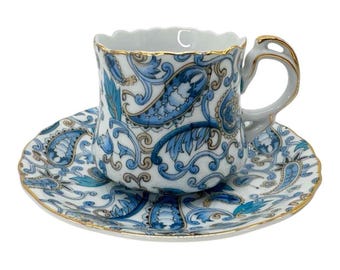 Juego de taza y platillo de café de porcelana fina con borde dorado, diseño Paisley azul vintage de Lefton, Japón.