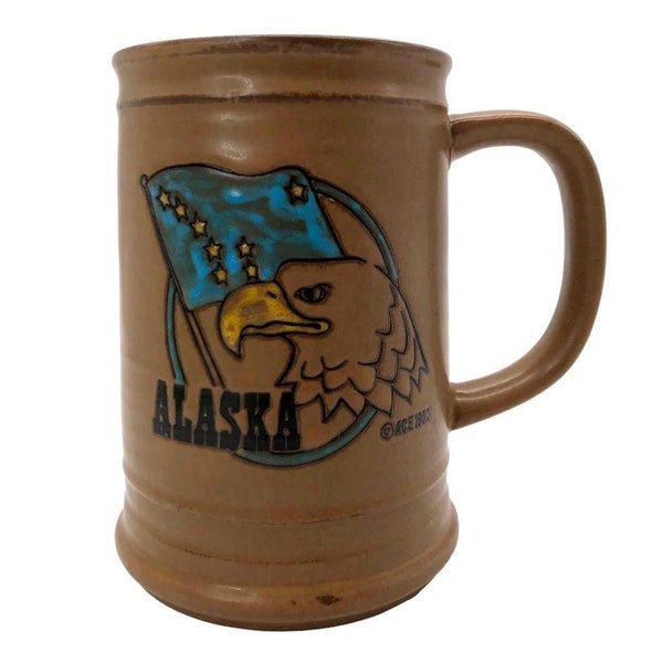 Vintage Ace 1982 Alaska Bald Eagle & State Flag Large Brown Stoneware Mug Souvenir Japan