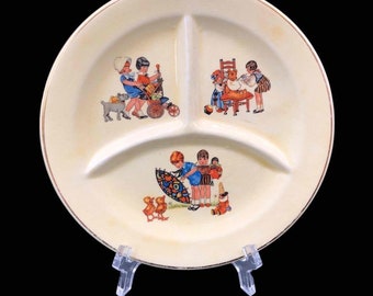 Antieke Vintage C.P. Crown Co. Aardewerk Baby Peuter 7" Verdeeld Gedeelte Plaat Kinderen Pretend Toys