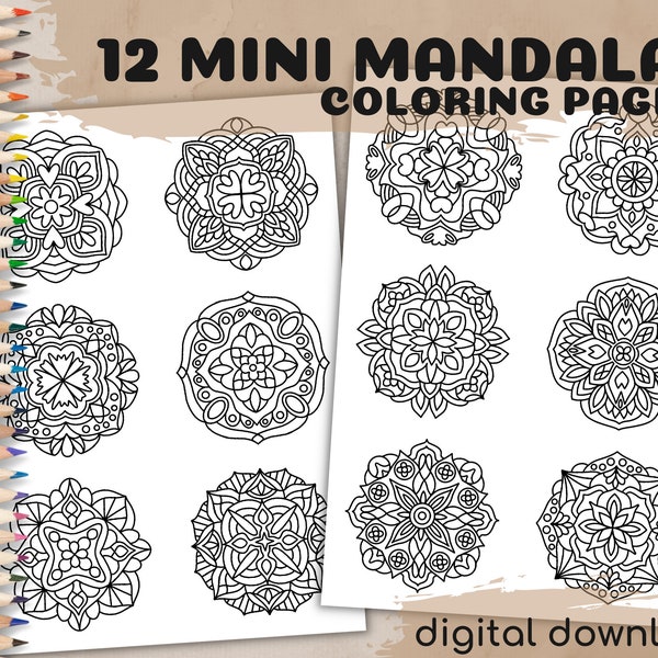 12 Mini Mandalas Coloring Pages | Printable Coloring Book | Abstract Designs | Simple Mandala | Kids Coloring Book | Print and Color Sheets