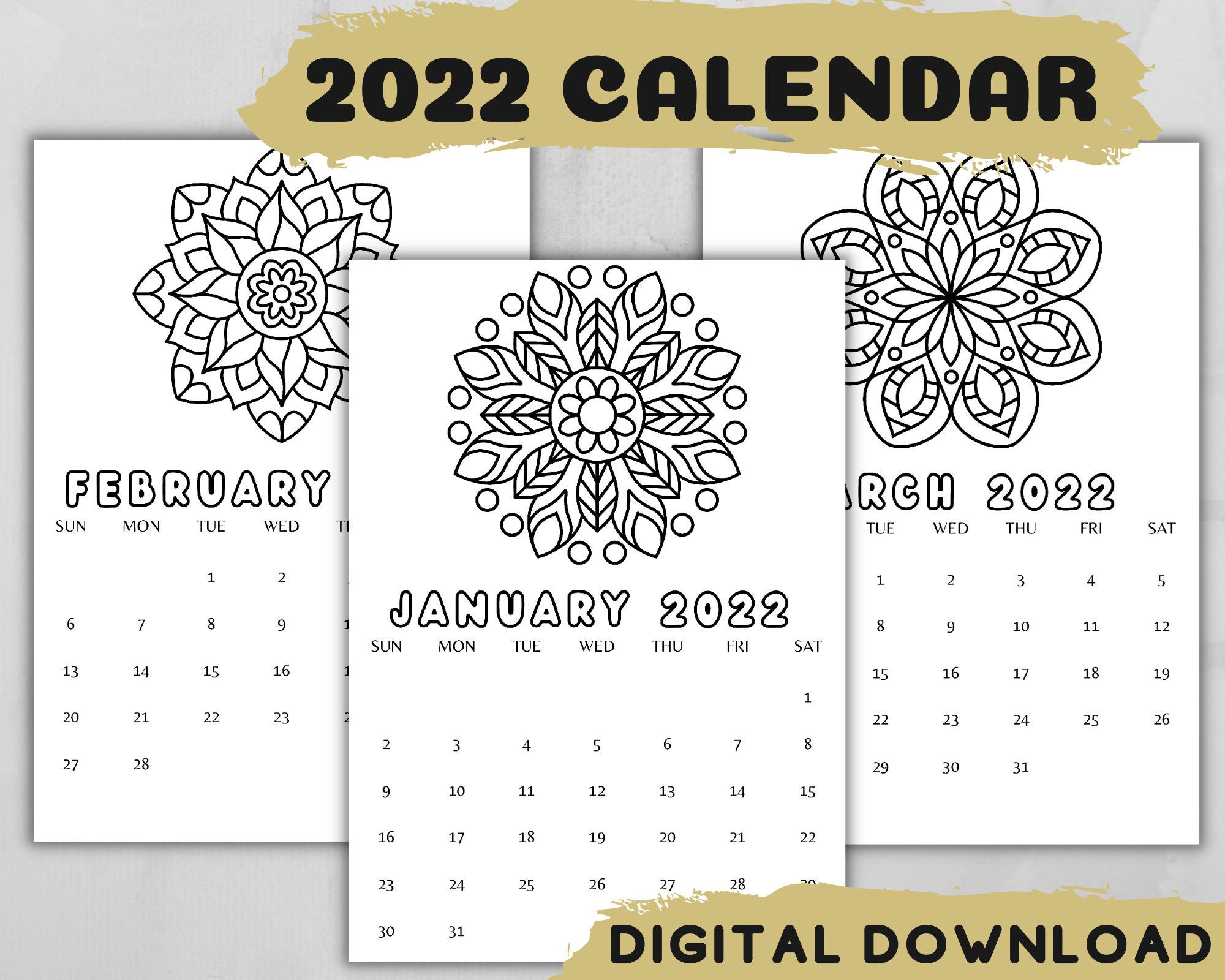 printable coloring calendar 2022 monthly calendar sunday etsy