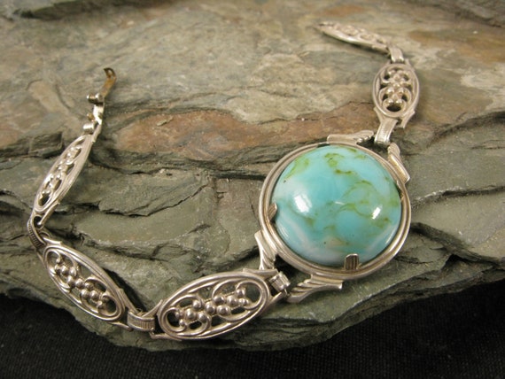 Vintage Sterling Silver and Turquoise Colored Gla… - image 2