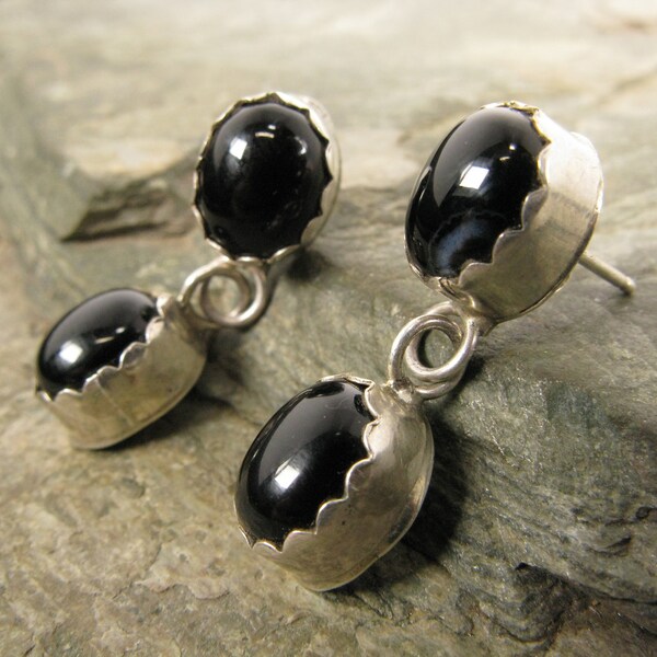 Vintage Les Hill Navaho Sterling Silver and Onyx Dangle Earrings
