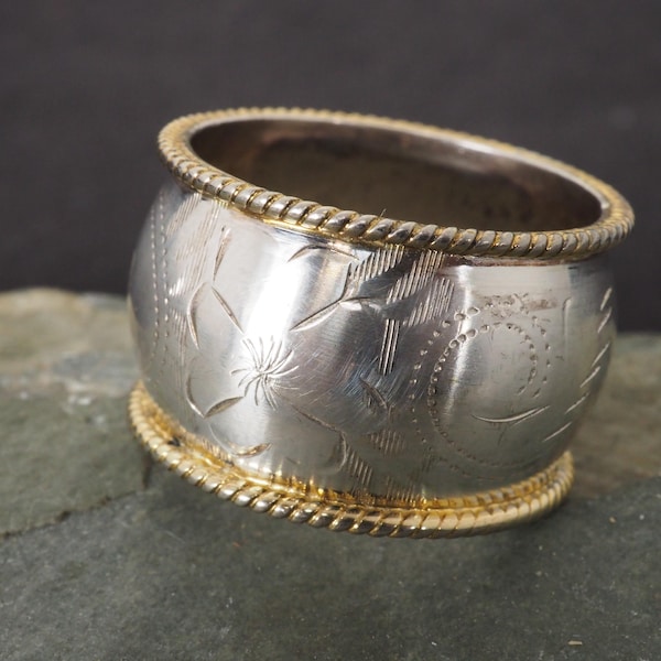 Anillo ancho vintage de plata de ley con flor grabada, talla 9