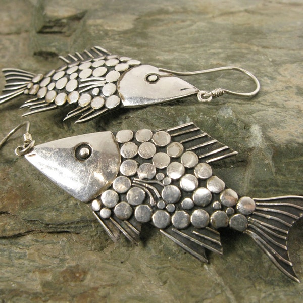 Vintage Large Sterling Silver Fish Dangle Earrings