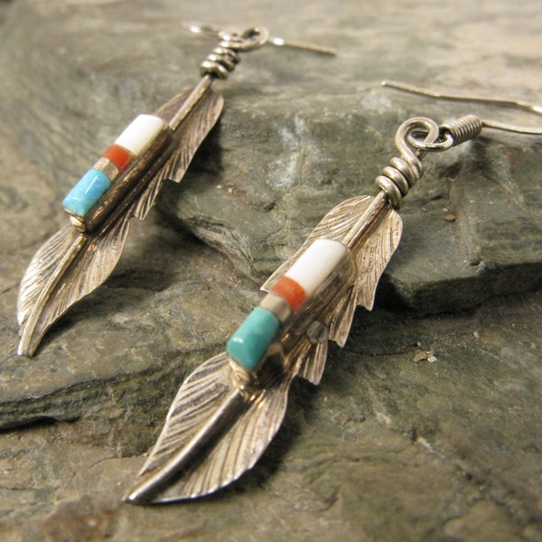 Vintage F. Barney Native American Sterling Silver Multi Stone Feather Earrings