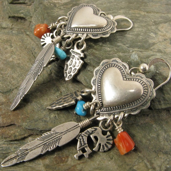 Vintage Native American Sterling Silver Heart Dangle Turquoise Coral Earrings