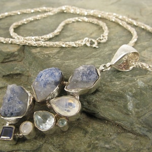 Vintage Large Sterling Silver Multi Gemstone Topaz etc Pendant Necklace 20&quot;