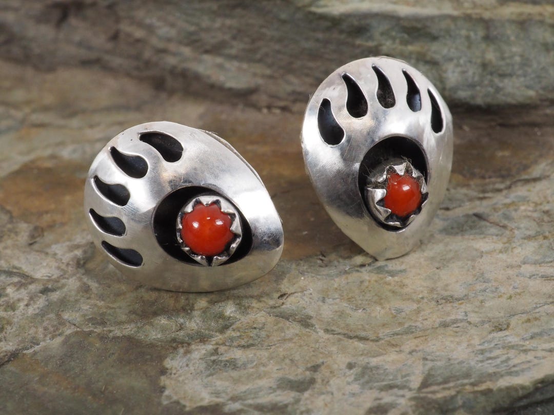 Vintage Native American Sterling Silver and Coral Bear Claw Earrings - Etsy