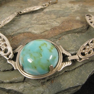 Vintage Sterling Silver and Turquoise Colored Glass Link Bracelet 6.5&quot;