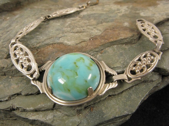 Vintage Sterling Silver and Turquoise Colored Gla… - image 1