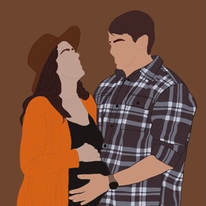 Pode incluir: Um casal de p&eacute; perto um do outro, a mulher est&aacute; usando um chap&eacute;u marrom e um cardig&atilde; laranja, o homem est&aacute; usando uma camisa xadrez e jeans azul. A mulher est&aacute; gr&aacute;vida e o homem tem a m&atilde;o na barriga dela.