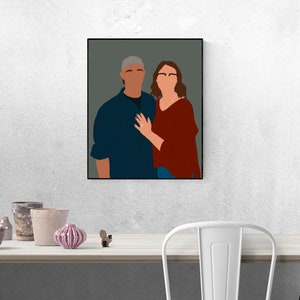 Pode incluir: Uma ilustra&ccedil;&atilde;o digital de um casal, um homem com cabelo grisalho e uma mulher com cabelo castanho, de p&eacute; juntos em frente a um fundo cinza.